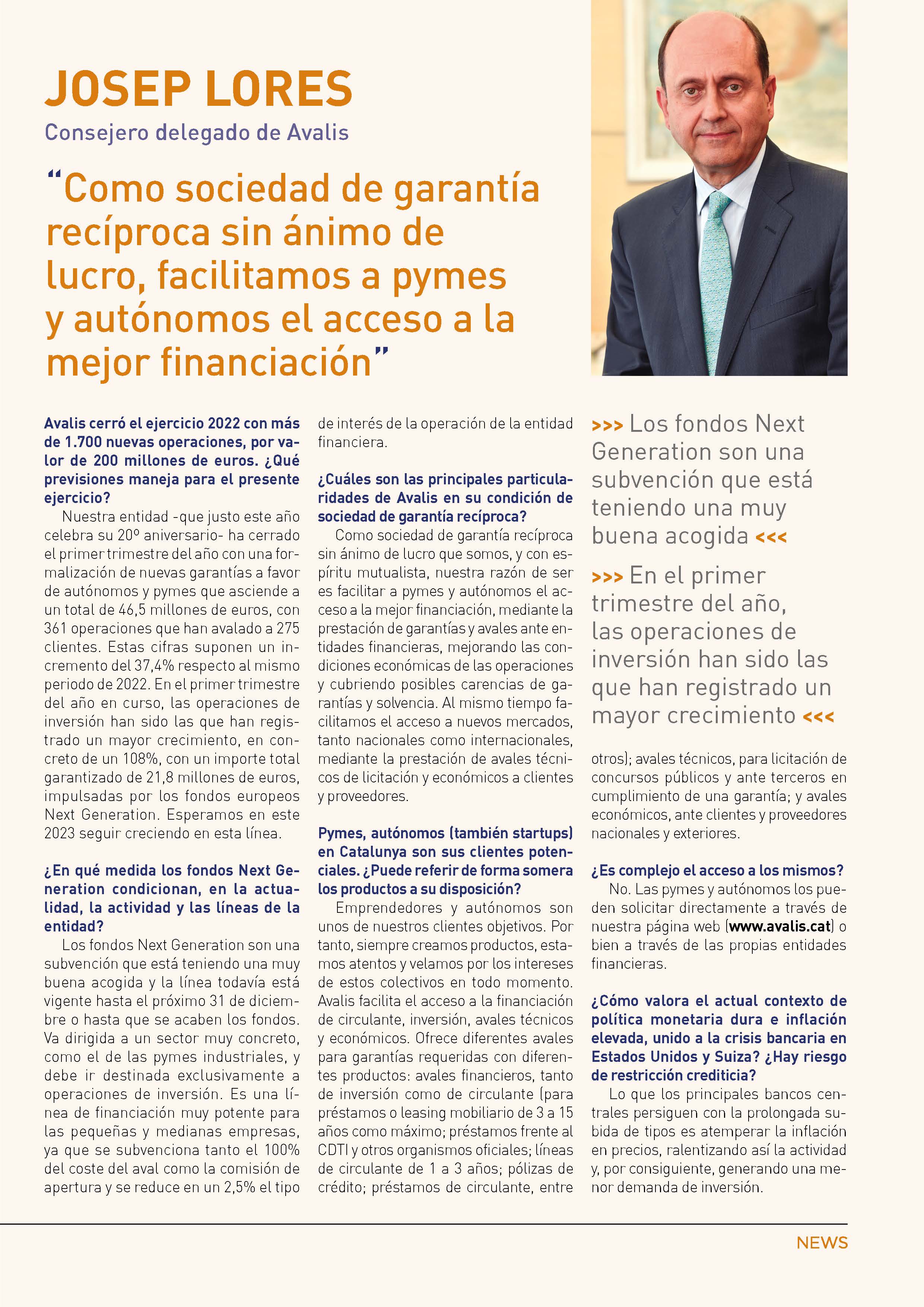 imagen de  El boletín informativo del despacho profesional BELLAVISTA entrevista al consejero delegado de Avalis, Josep Lores García